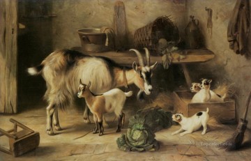 動物 Painting - ヤギと子犬